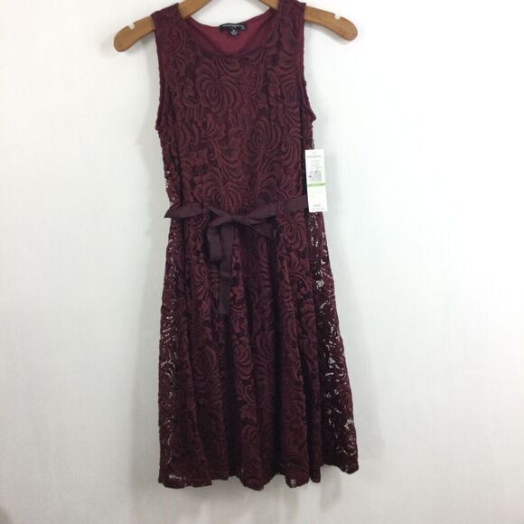 Sharagano Sleeveless Floral Lace Tie Waist Ribbon Sheath Dress Autumn Wine 4P - Picture 9 of 9